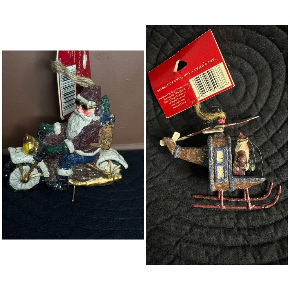 Lot of 2 Santa Helicopter & Motorcycle Christmas Ornament By Trim